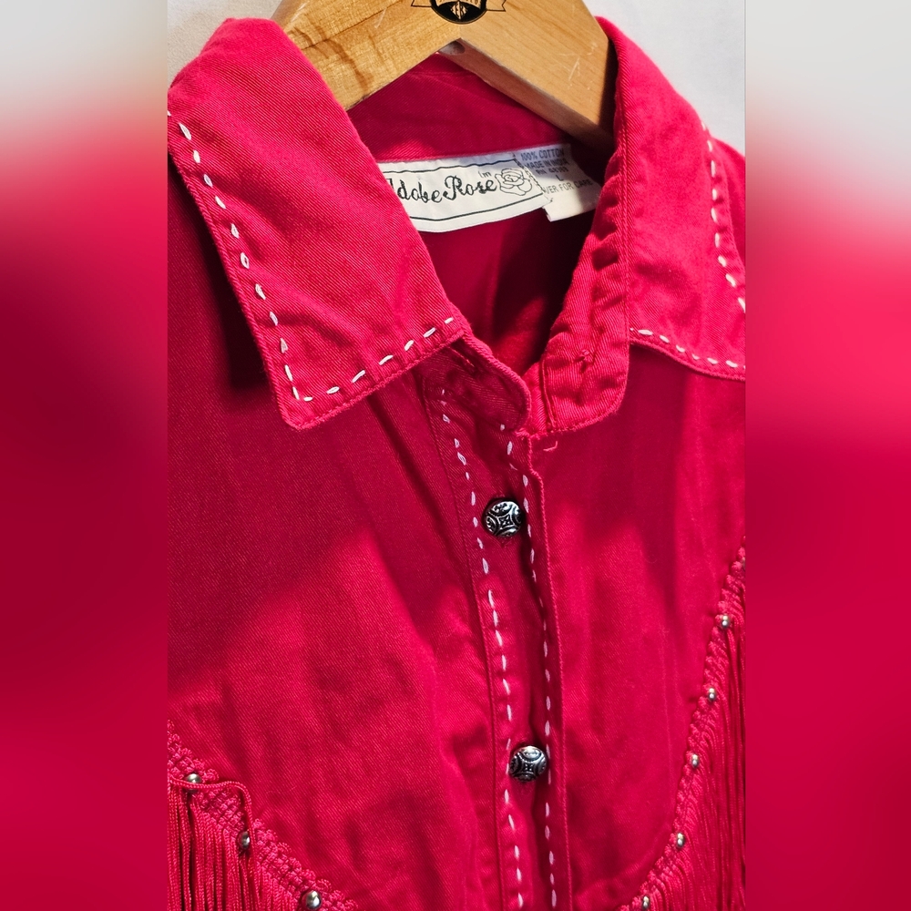 Adobe Rose Vintage 100% Cotton Red Tassled Button Front Top - Picture 3 of 11